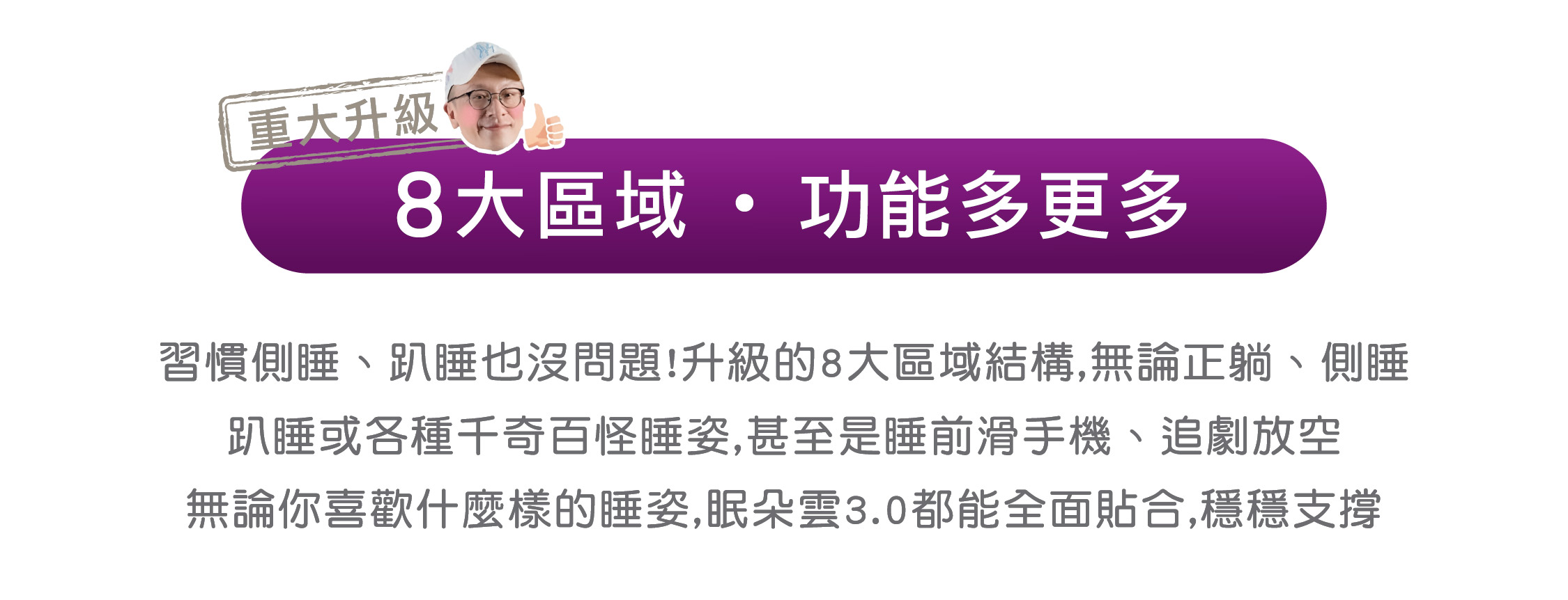 重大升級  8大區域 ・ 功能多更多 習慣側睡、趴睡也沒問題!升級的8大區域結構,無論正躺、側睡 趴睡或各種千奇百怪睡姿,甚至是睡前滑手機、追劇放空 無論你喜歡什麼樣的睡姿,眠朵雲3.0都能全面貼合,穩穩支撐