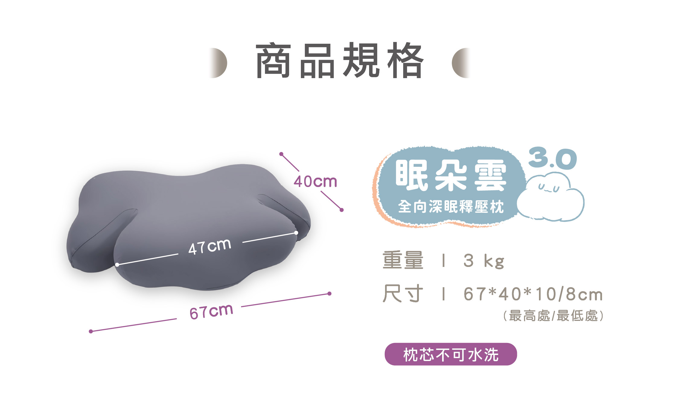 眠朵雲3.0 商品規格 枕芯不可水洗