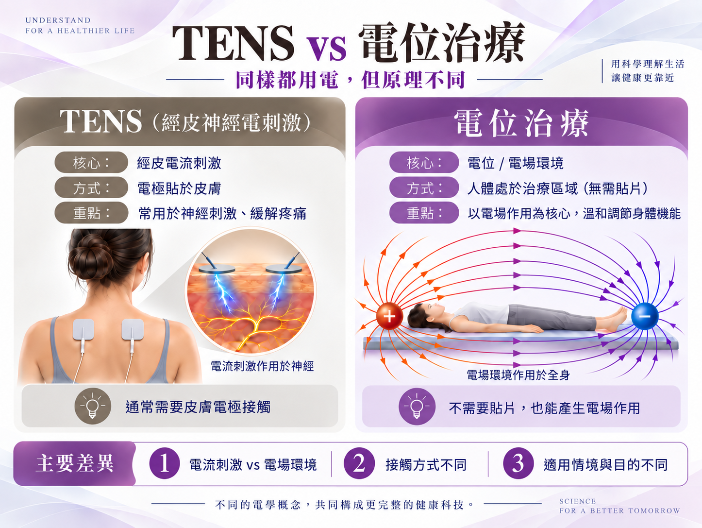 TENS 經皮神經電刺激與電位治療原理比較圖,說明經皮電流刺激與電位電場環境的差異