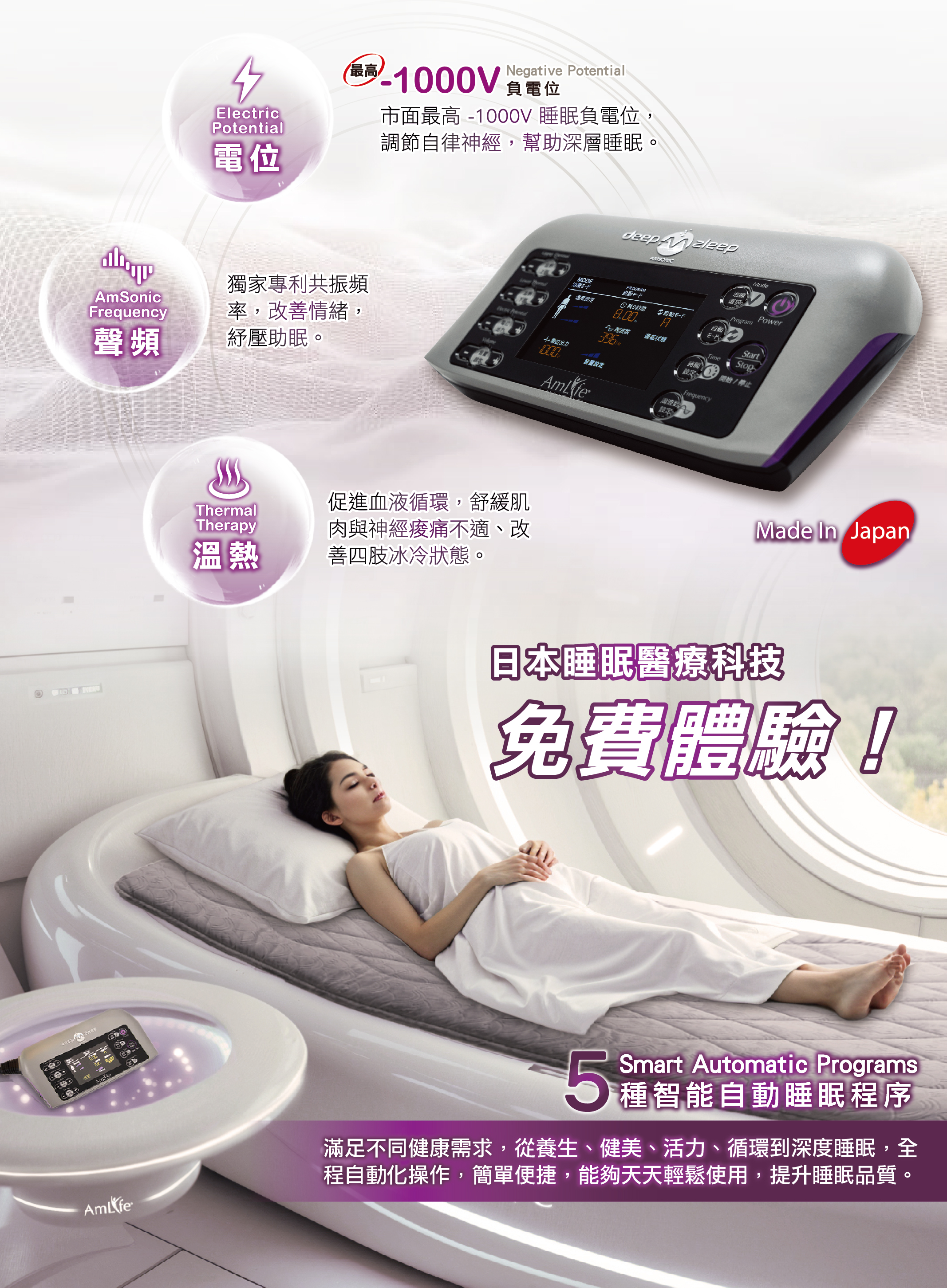 體驗日本睡眠醫療科技： 電位療法：市面最高 -1000V 睡眠負電位，調節自律神經，幫助深層睡眠。 溫熱療法：促進血液循環，舒緩肌肉與神經痠痛不適、改善四肢冰冷狀態。 聲頻療法：獨家專利共振頻率，改善情緒，紓壓助眠。 5大智能程序：滿足不同健康需求，從養生、健美、活力、循環到深度睡眠，全程自動化操作，簡單便捷，能夠天天輕鬆使用，提升睡眠品質。